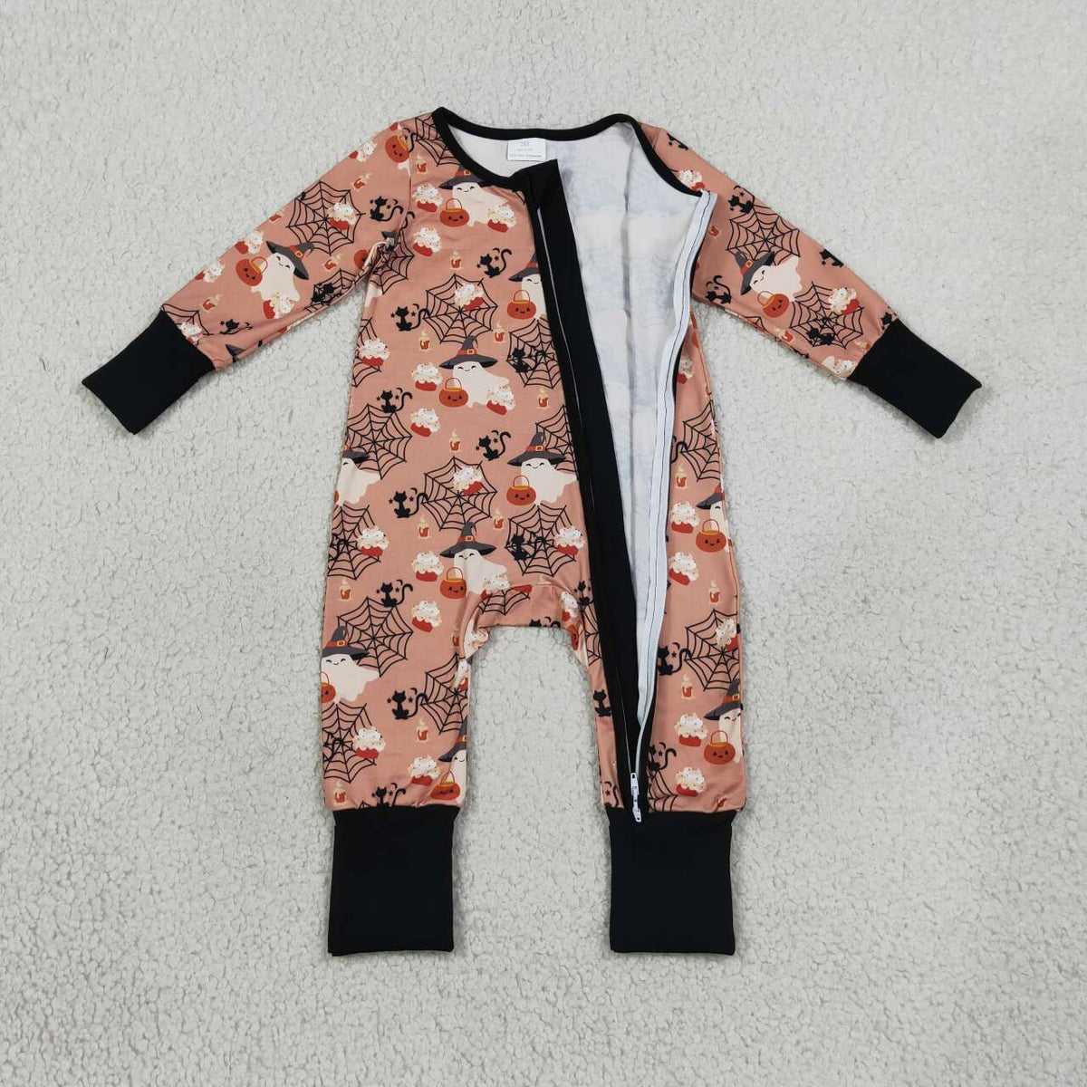 LR3250 Ghost Web Print Baby Halloween Long Sleeve Zipper Sleeper Romper
