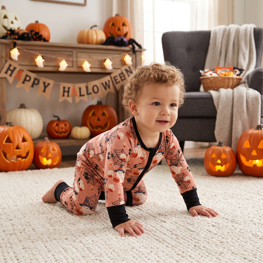 LR3250 Ghost Web Print Baby Halloween Long Sleeve Zipper Sleeper Romper