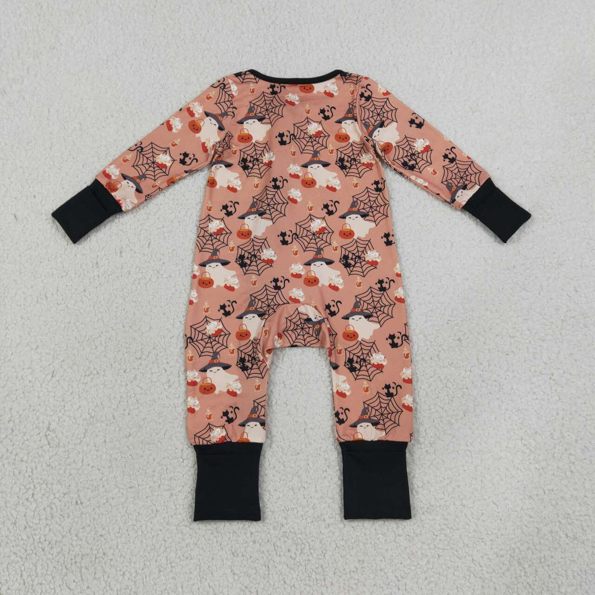 LR3250 Ghost Web Print Baby Halloween Long Sleeve Zipper Sleeper Romper