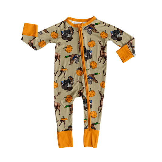 8.8 LR3251 Preorder Animals Pumpkin Print Baby Boys Fall Zipper Sleeper Romper