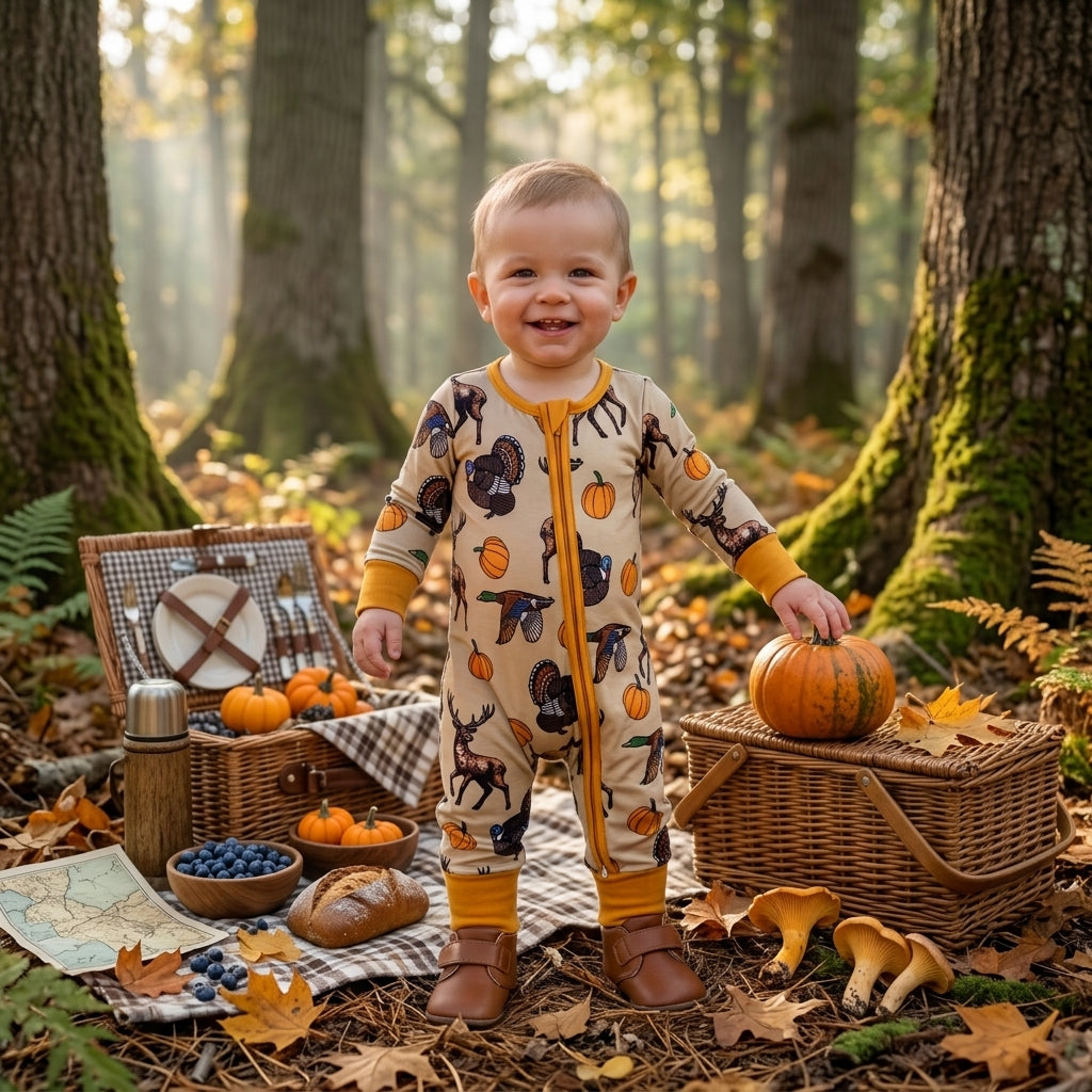 LR3251 Animals Pumpkin Print Baby Boys Fall Zipper Sleeper Romper