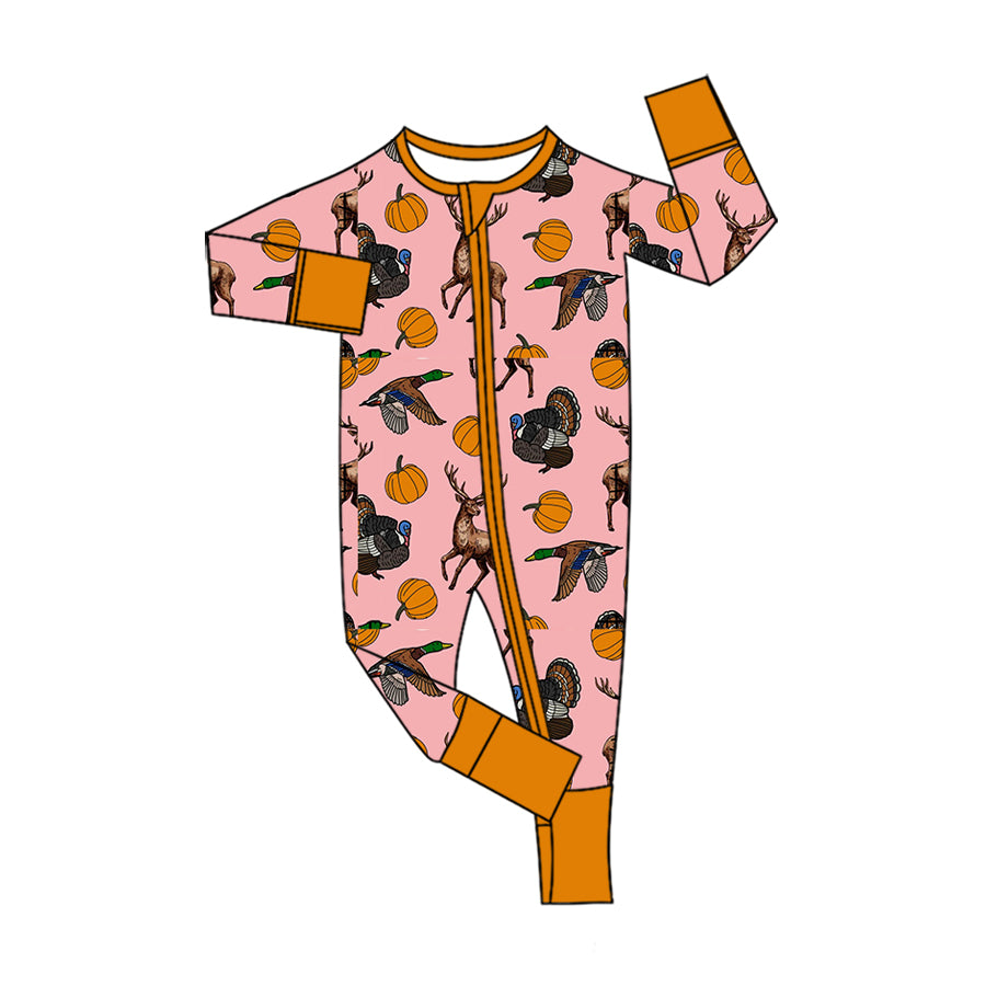 8.8 LR3252 Preorder Animals Pumpkin Pink Print Baby Girls Fall Zipper Sleeper Romper