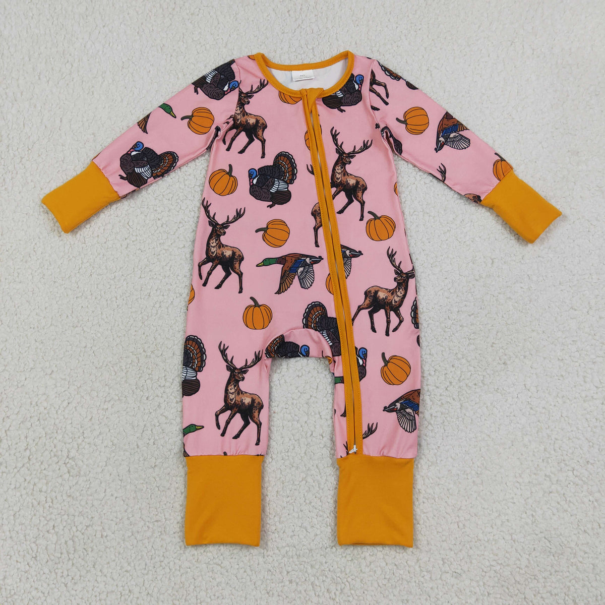 Animals Pumpkin Pink Print Baby Girls Fall Zipper Sleeper Romper