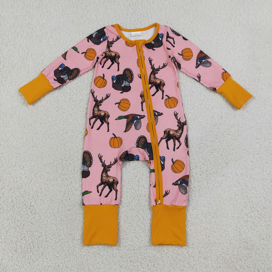 LR3252 Animals Pumpkin Pink Print Baby Girls Fall Zipper Sleeper Romper