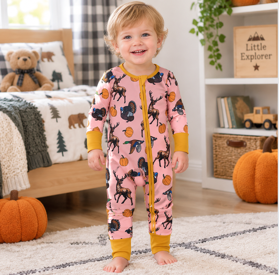 Animals Pumpkin Pink Print Baby Girls Fall Zipper Sleeper Romper