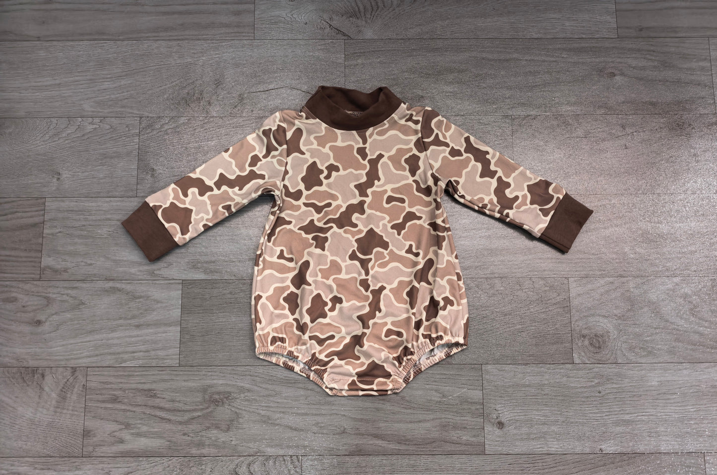 8.11   Preorder Baby Boys Khaki Camo Long Sleeve Bubble Romper