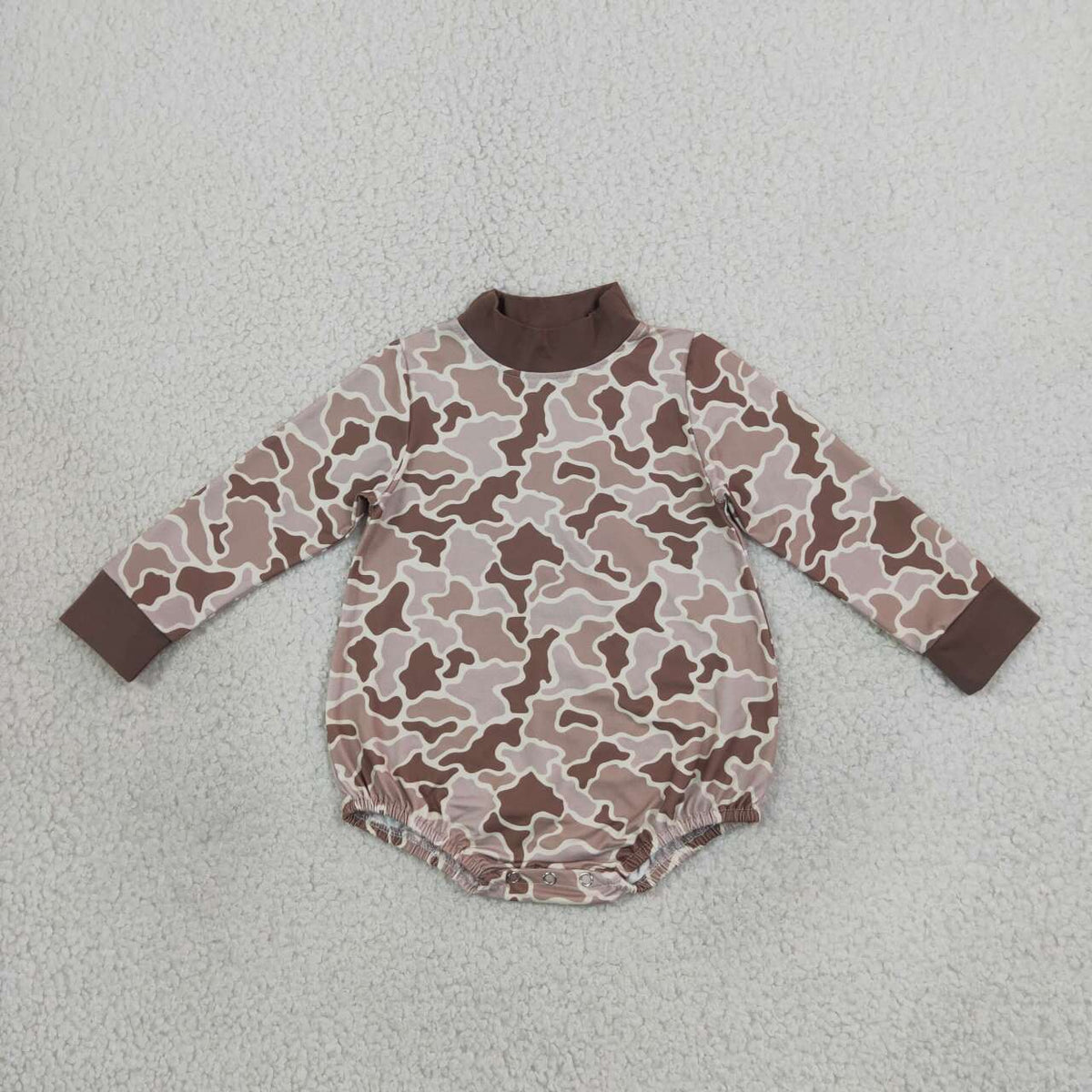 LR3263 Brown Camo Baby Mock Neck Long Sleeve Bubble Romper