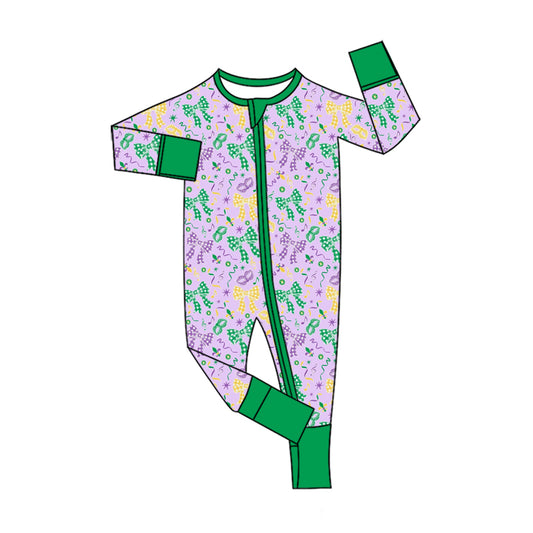 8.11   Preorder Baby Boys Mardi Gras Gingham Bow Long Sleeve Zipper Romper