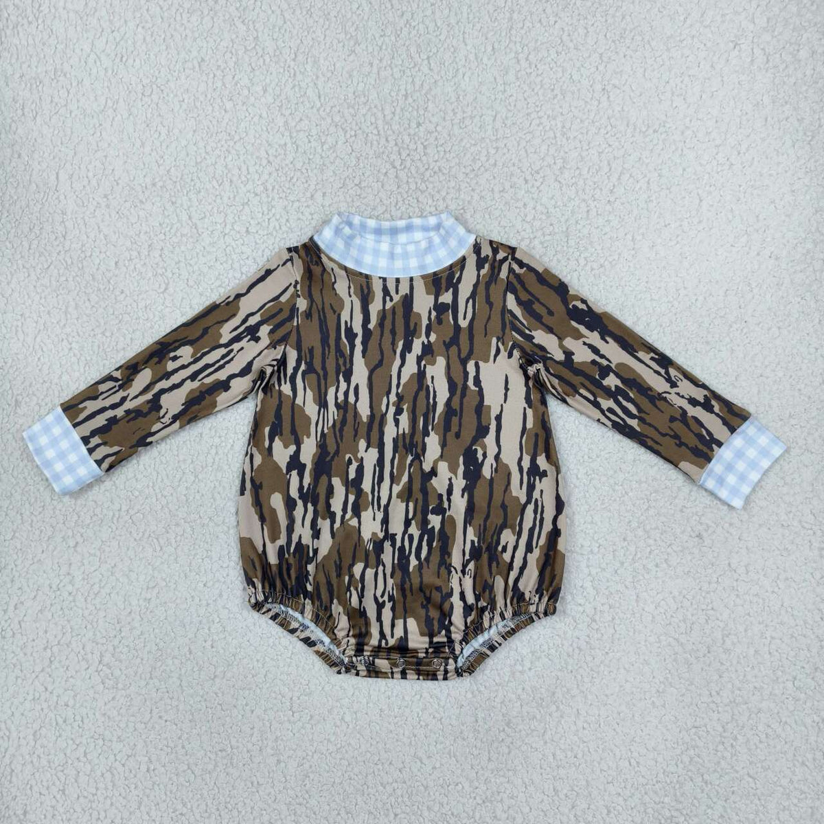 Sibling Baby Girls Boys Camo Gingham Mock Neck Long Sleeve Top Bubble Romper