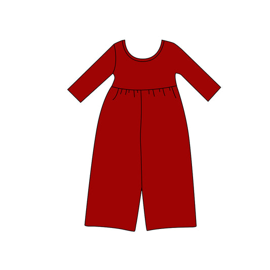 8.13 Preorder Kids Girls Burgundy Long Sleeve Elastic Waist Wide Leg Jumpsuit