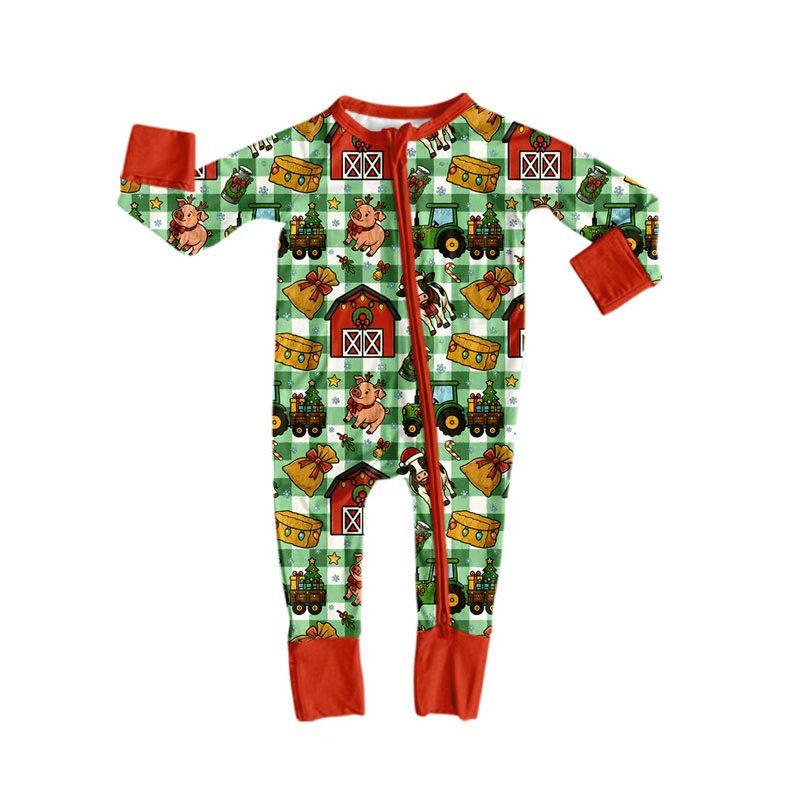 8.15 LR3299 Preorder Farm Animals Checkered Print Baby Girls Christmas Zipper Sleeper Romper