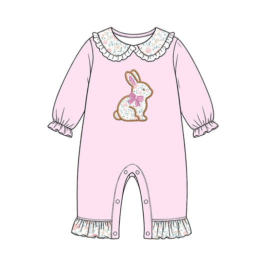 8.15 LR3300 Preorder Bunny Flowers Pink Print Baby Girls Easter Romper