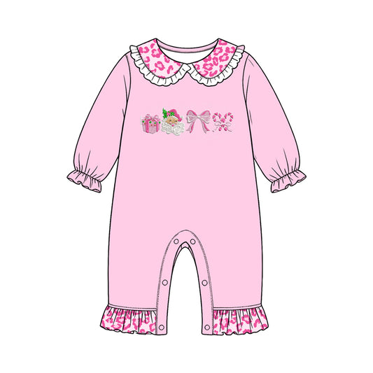 8.15 LR3301 Preorder Santa Bows Candy Cane Pink Leopard Print Baby Girls Christmas Romper