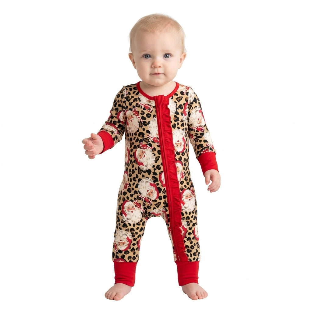 LR3302 Santa Leopard Print Baby Girls Christmas Zipper Sleeper Romper