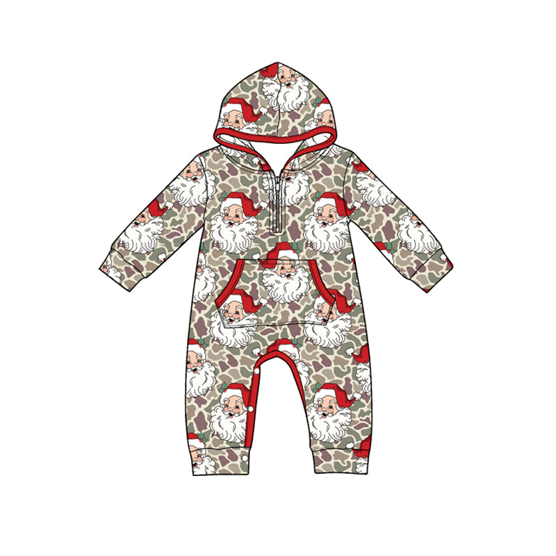 8.19 LR3304 Preorder Santa Camo Print Baby Boys Christmas Zipper Pocket Hoodie Romper