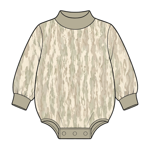 8.20 LR3308 Preorder Baby Girls Camo Khaki Trim Mock Neck Romper