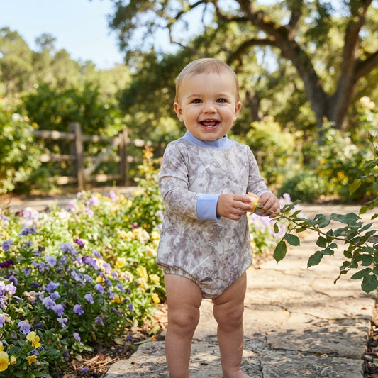 LR3307 Realtree Camo Blue Trim Baby Girls Mock Neck Yoga Romper