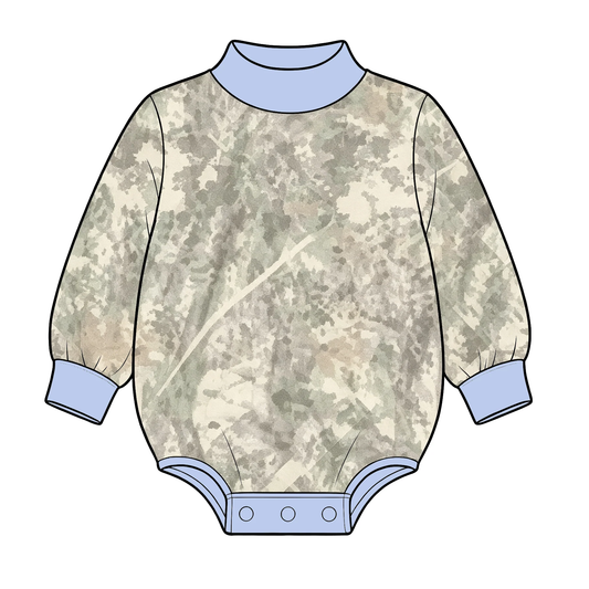 8.20 LR3307 Preorder Baby Girls Camo Blue Trim Mock Neck Romper