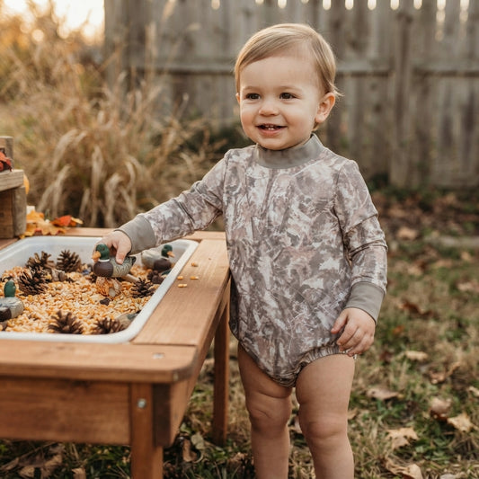 LR3308 Grey Branch Camo Baby Boys Mock Neck Yoga Romper