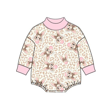 8.27 LR3319 Preorder Bunny Leopard Print Baby Girls Easter Mocknecks Romper