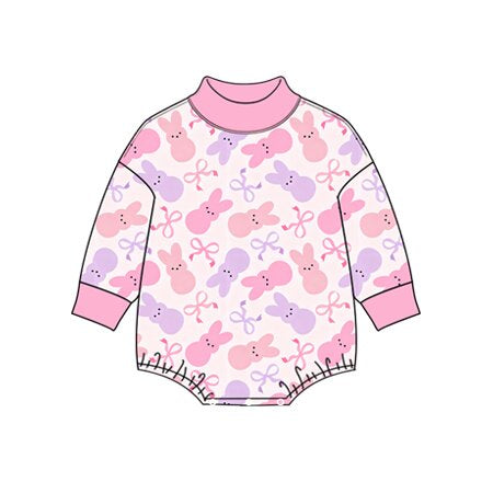 8.27 LR3320 Preorder Bunny Bows Pink Print Baby Girls Easter Mocknecks Romper