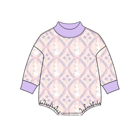 8.27 LR3321 Preorder Bunny Bows Flowers Print Baby Girls Easter Mocknecks Romper