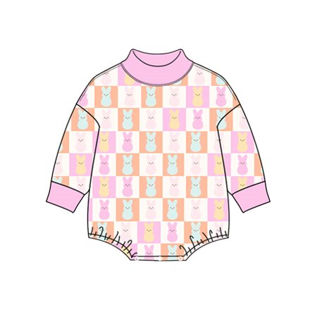 8.27 LR3323 Preorder Bunny Checkered Print Baby Girls Easter Mocknecks Romper