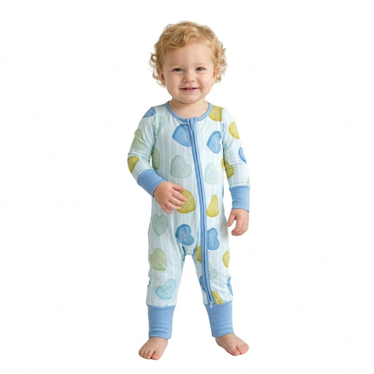 LR3326 Baby Boys Blue Heart Valentine's Day Long Sleeve Zipper Romper