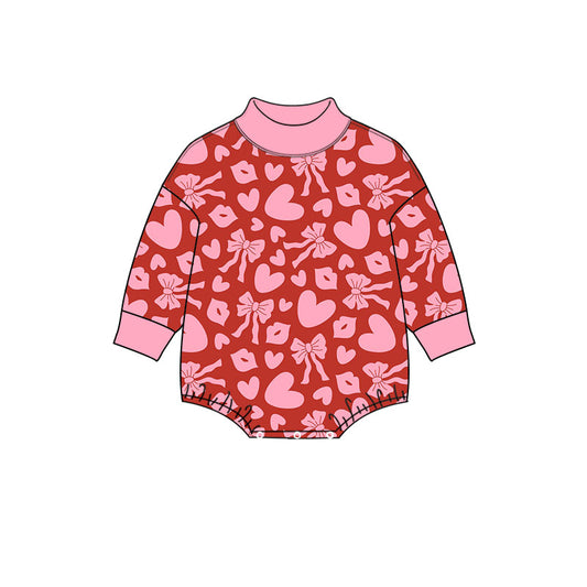 9.3 LR3328 Preorder Baby Girls Valentine Heart Bow Mock Neck Bubble Romper