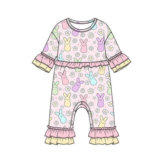 9.4 LR3329 Preorder Colorful Bunny Flowers Print Baby Girls Easter Ruffle Romper