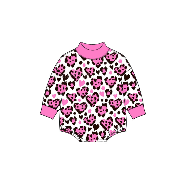 9.9 LR3332 Preorder Pink Heart Leopard Print Baby Girls Valentine's Day Mock Neck Bubble Romper