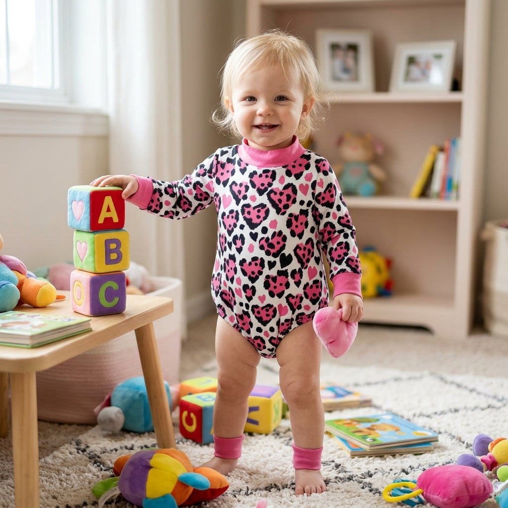 LR3332 Pink Heart Leopard Print Baby Girls Valentine's Day Mock Neck Bubble Romper