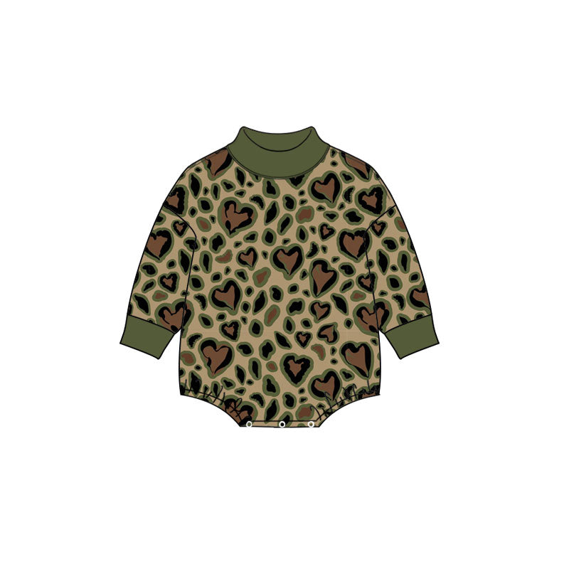 9.9 LR3333 Preorder Heart Leopard Green Print Baby Girls Valentine's Day Mock Neck Bubble Romper