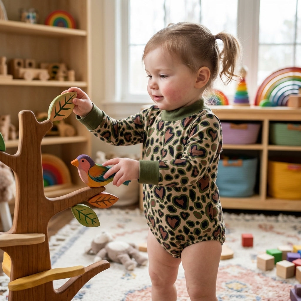 LR3333 Heart Leopard Green Print Baby Girls Valentine's Day Mock Neck Bubble Romper