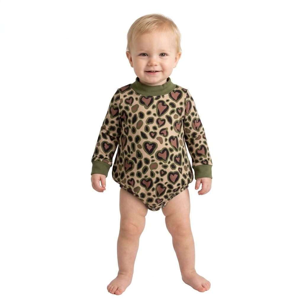 LR3333 Heart Leopard Green Print Baby Girls Valentine's Day Mock Neck Bubble Romper