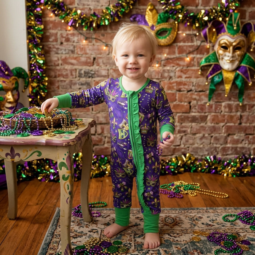 LR3334 Mask Bows Crayfish Print Baby Girls Mardi Gras Zipper Sleeper Romper
