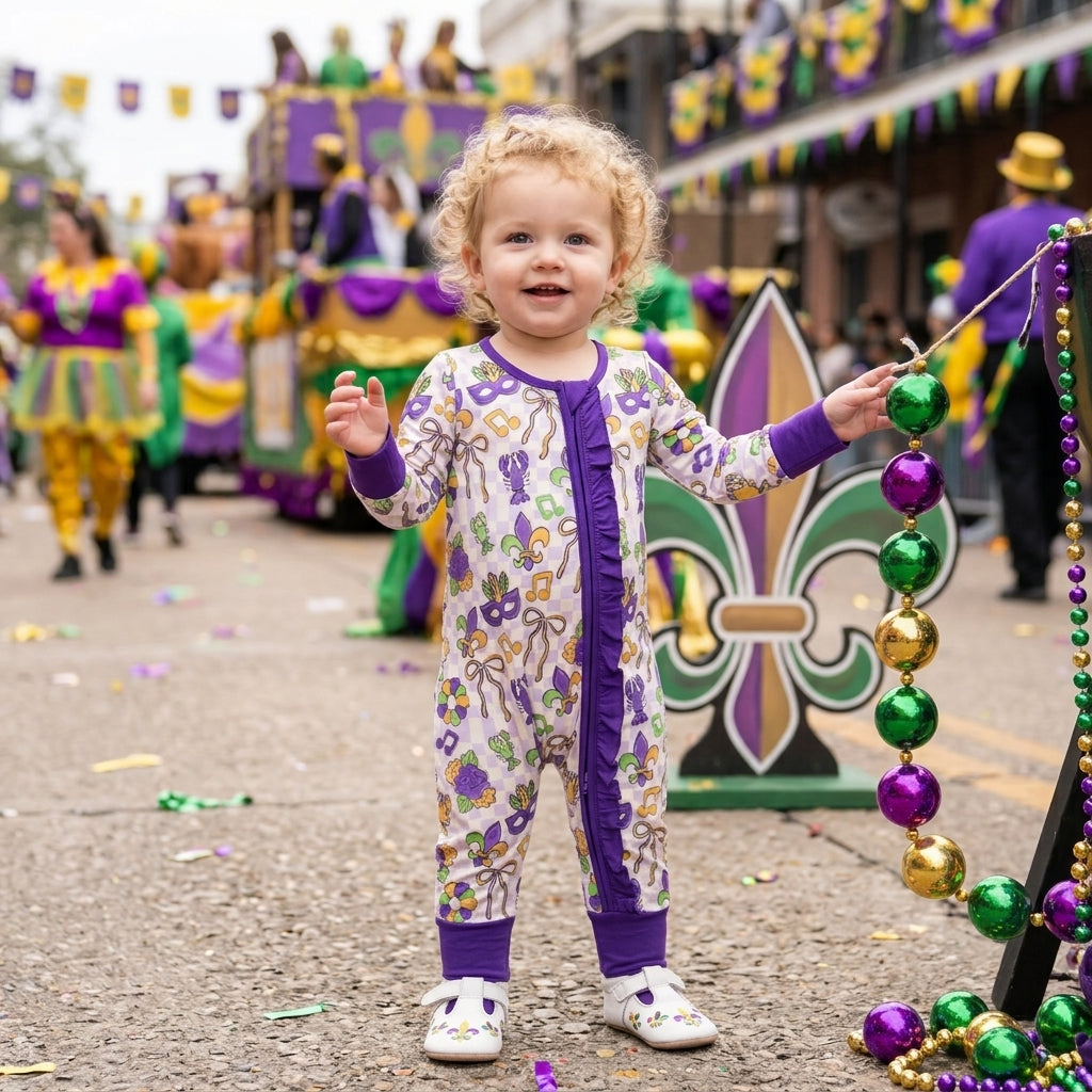 Anchor Bows Crayfish Checkered Print Baby Girls Mardi Gras Zipper Sleeper Romper
