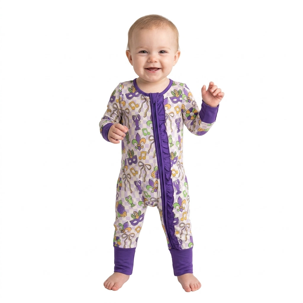 Anchor Bows Crayfish Checkered Print Baby Girls Mardi Gras Zipper Sleeper Romper