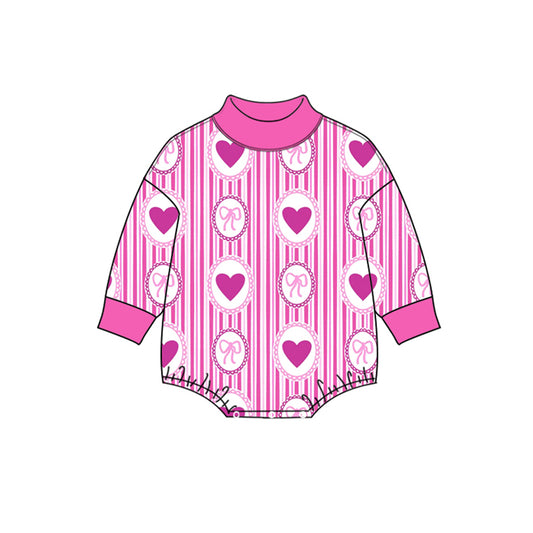 9.11 LR3338 Preorder Pink Heart Stripes Print Baby Girls Valentine's Day Mock Neck Bubble Romper