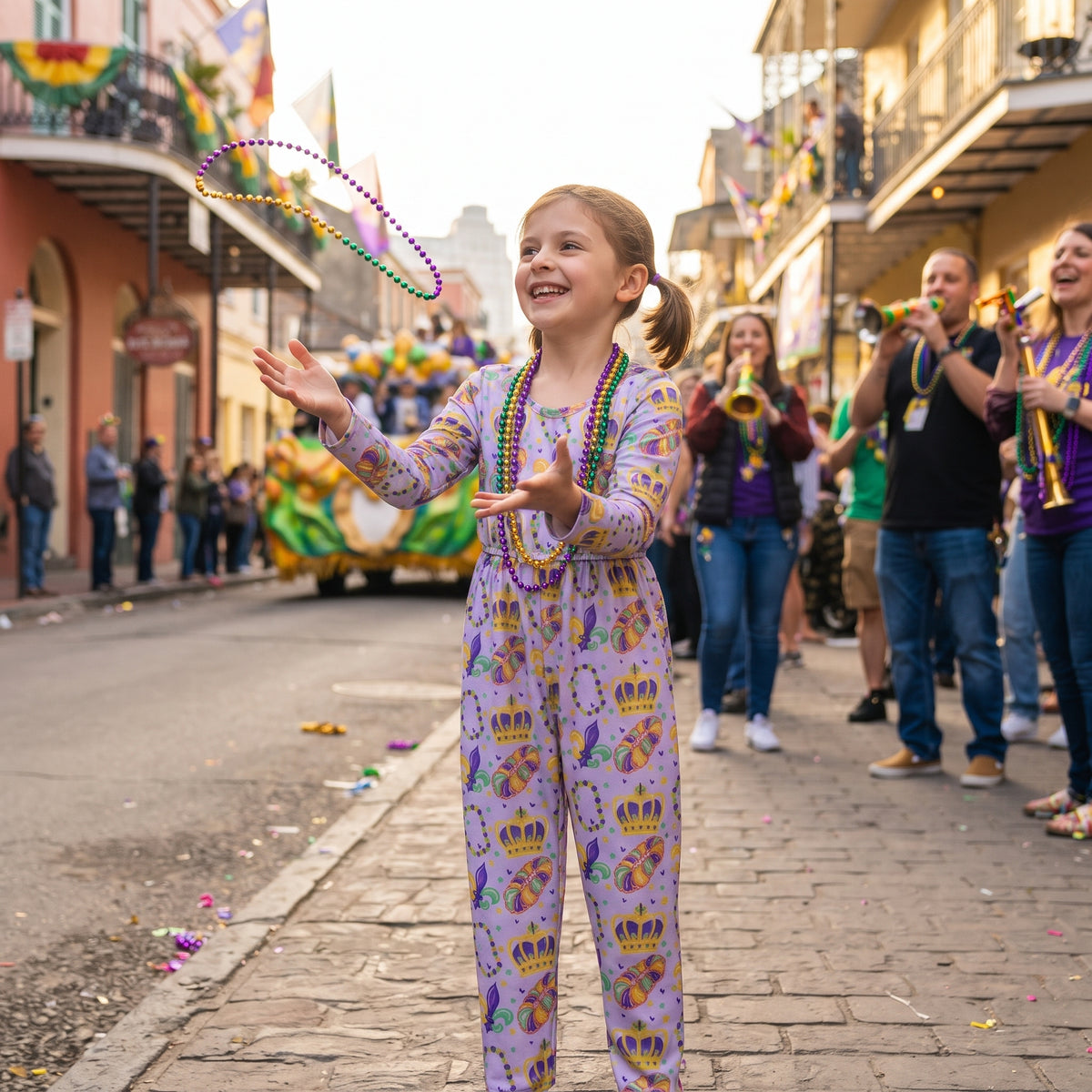 LR3339 Donut Anchor Print Girls Mardi Gras Straight Jumpsuits