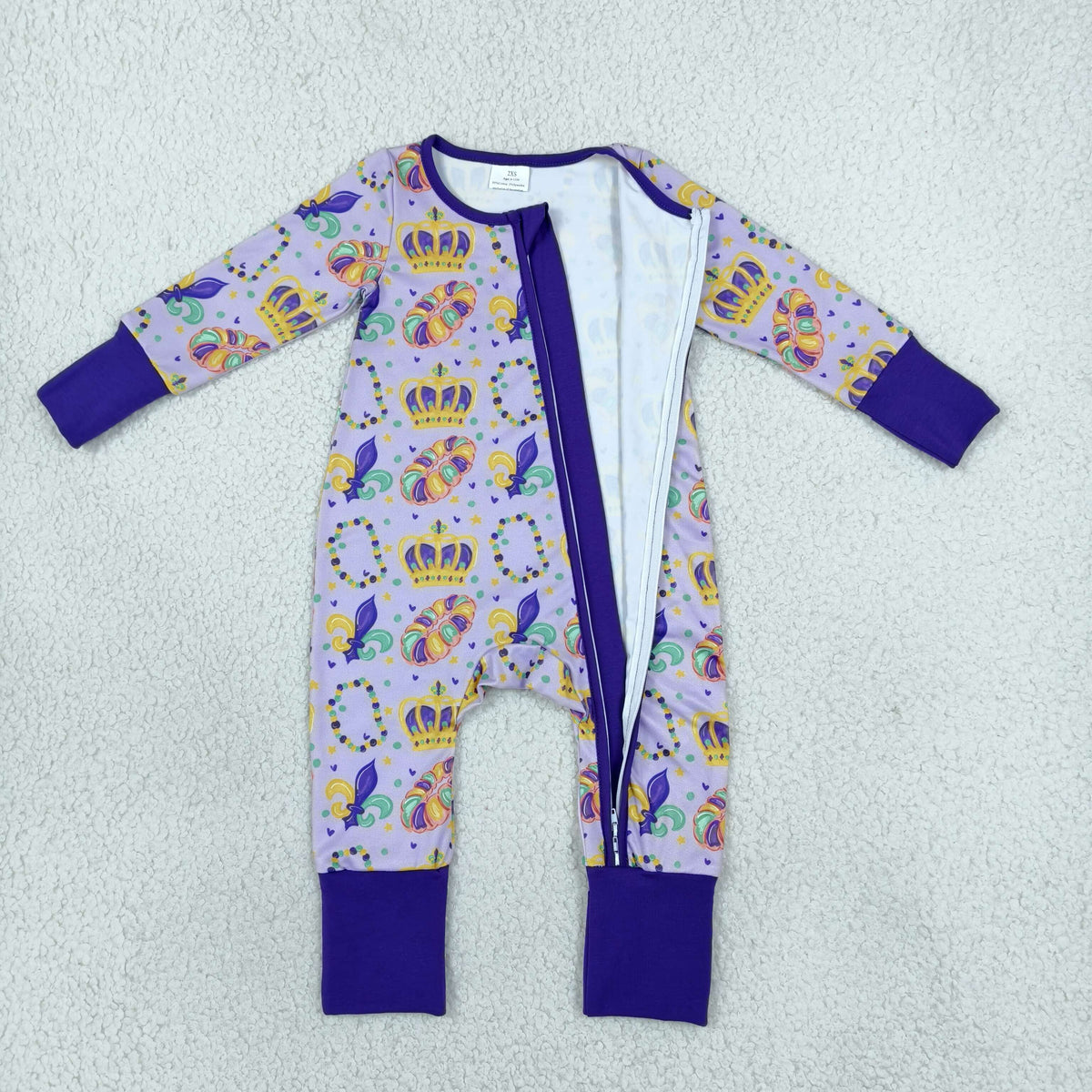 Sibling Baby  Mardi Gras Party Long Sleeve Pajama Set  and Zipper Romper