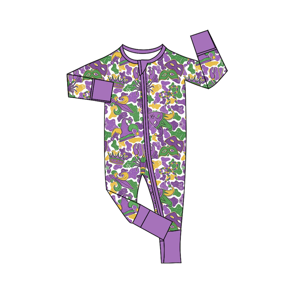 9.14 LR3342 Preorder Anchor Crayfish Mask Camo Print Baby Mardi Gras Zipper Sleeper Romper