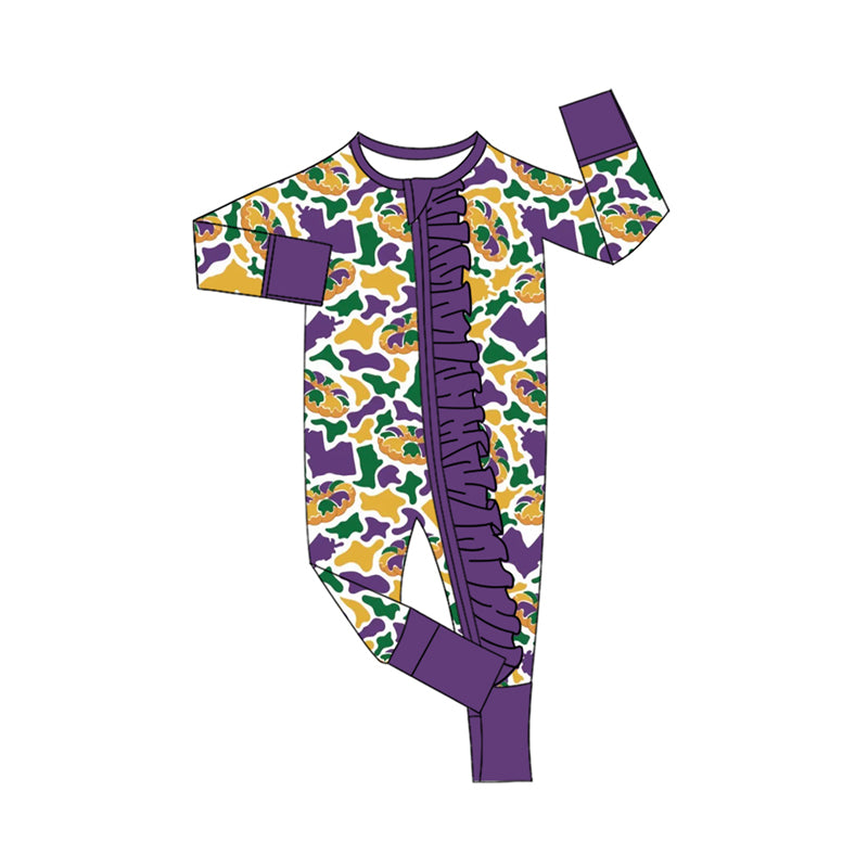 9.14 LR3343 Preorder Donut Camo Print Baby Girls Mardi Gras Zipper Sleeper Romper