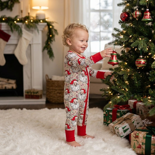 LR3345 Santa Camo Print Baby Boys Christmas Zipper Sleeper Romper