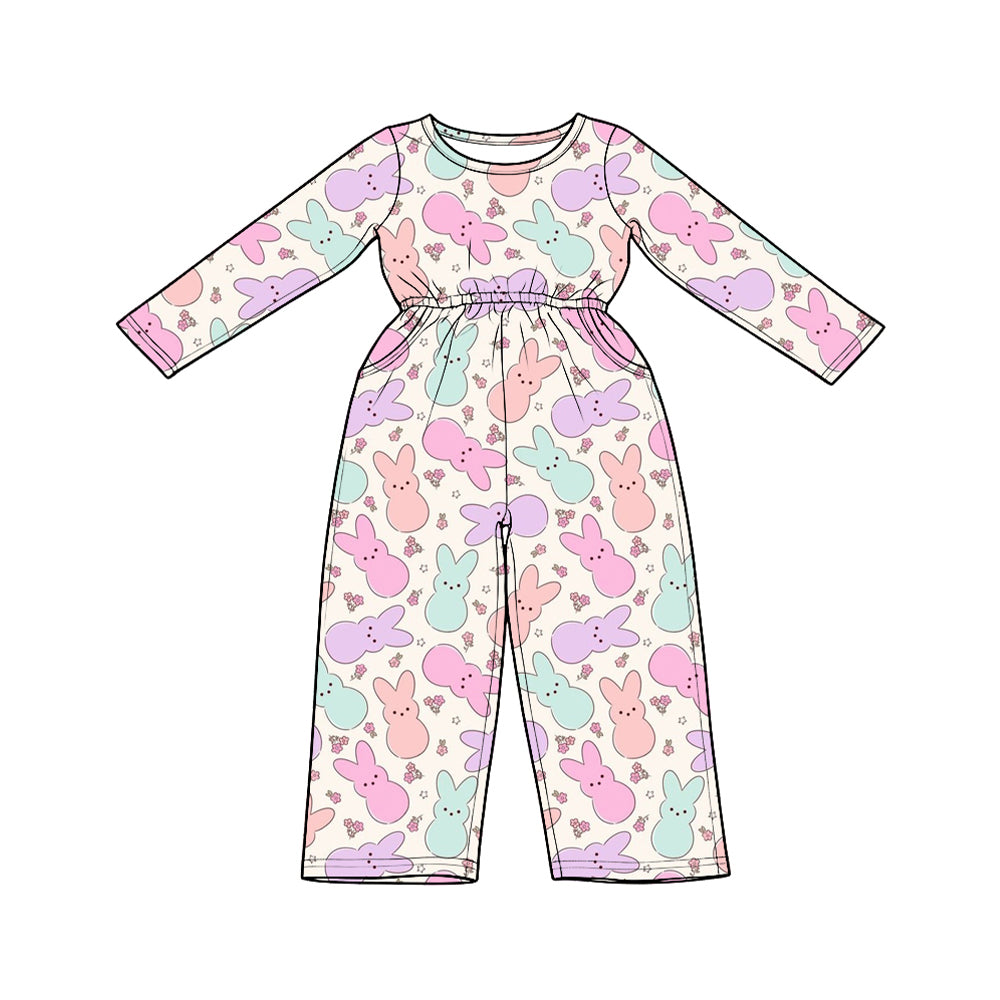 9.15 LR3349 Preorder Colorful Bunny Flowers Print Pockets Girls Easter Straight Jumpsuits