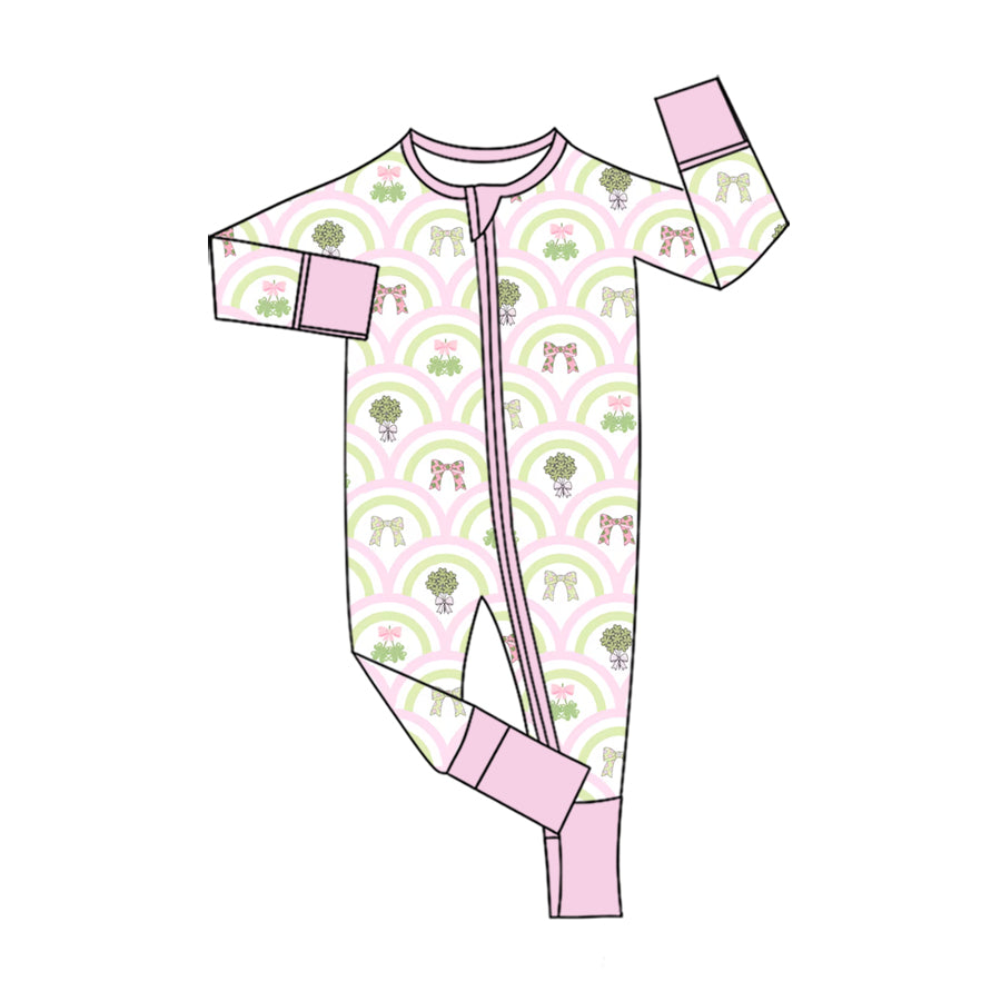 9.15 LR3350 Preorder 4‑leaf Clovers Bows Rainbow Print Baby Girls St Patrick Day Zipper Sleeper Romper