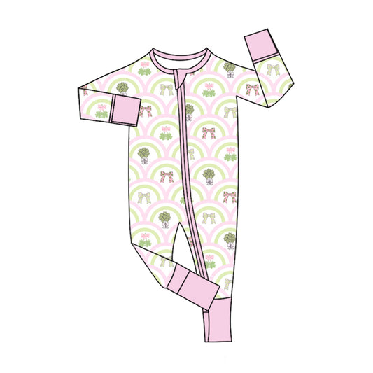 9.15 LR3350 Preorder 4‑leaf Clovers Bows Rainbow Print Baby Girls St Patrick Day Zipper Sleeper Romper