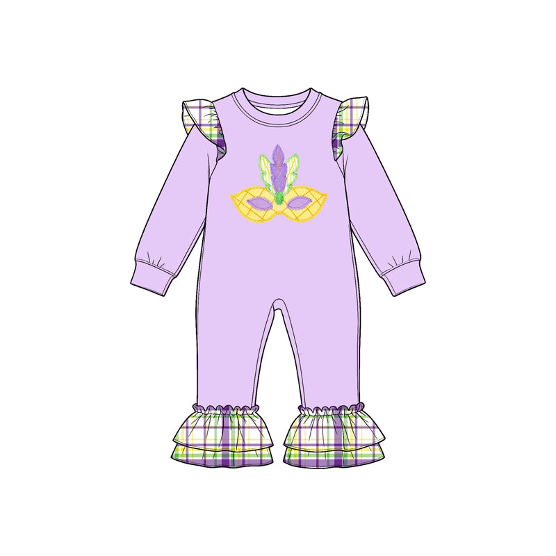9.22 LR3364 Preorder Mask Checkered Purple Print Baby Girls Mardi Gras Ruffle Romper