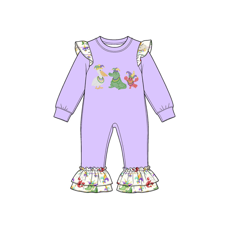9.22 LR3365 Preorder Pelicans Crocodile Crayfish Purple Print Baby Girls Mardi Gras Ruffle Romper