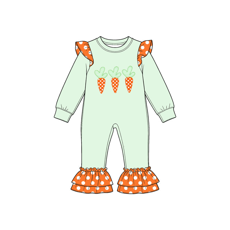 9.22 LR3366 Preorder Carrot Dots Print Baby Girls Easter Ruffle Romper